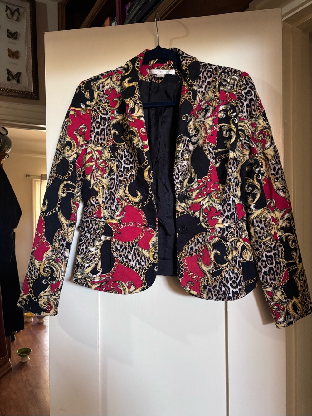 Boston Proper Black, Red & Gold Baroque Leopard Print Blazer and matching pants